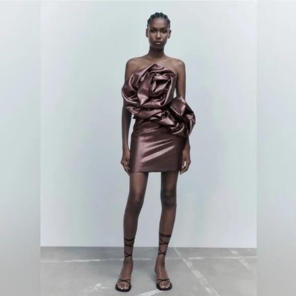 NWT Zara Voluminous Flower Rosette Bronze Brown Metallic Holiday Dress Medium - Picture 3 of 9